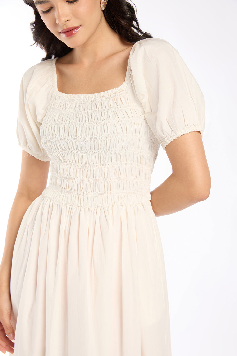 Womens Flared White Smocked Maxi Dress - Image 3