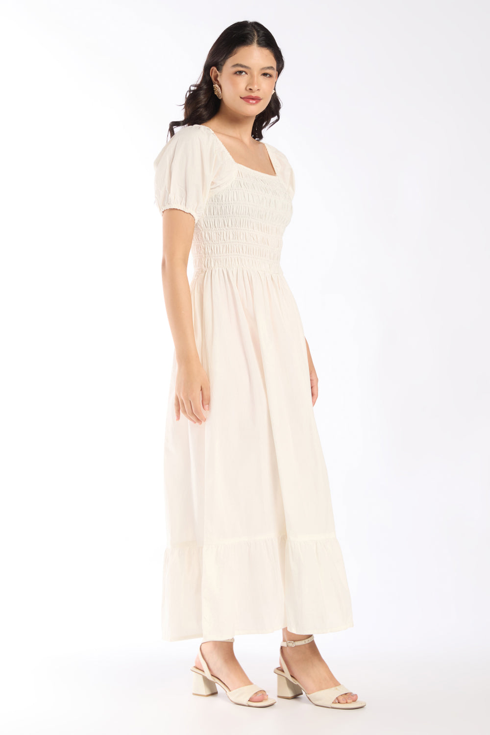 Womens Flared White Smocked Maxi Dress - Image 4