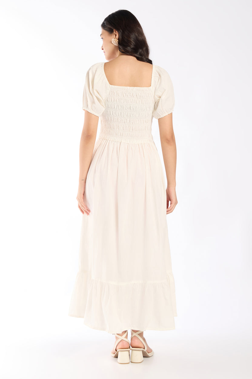 Womens Flared White Smocked Maxi Dress - Image 5