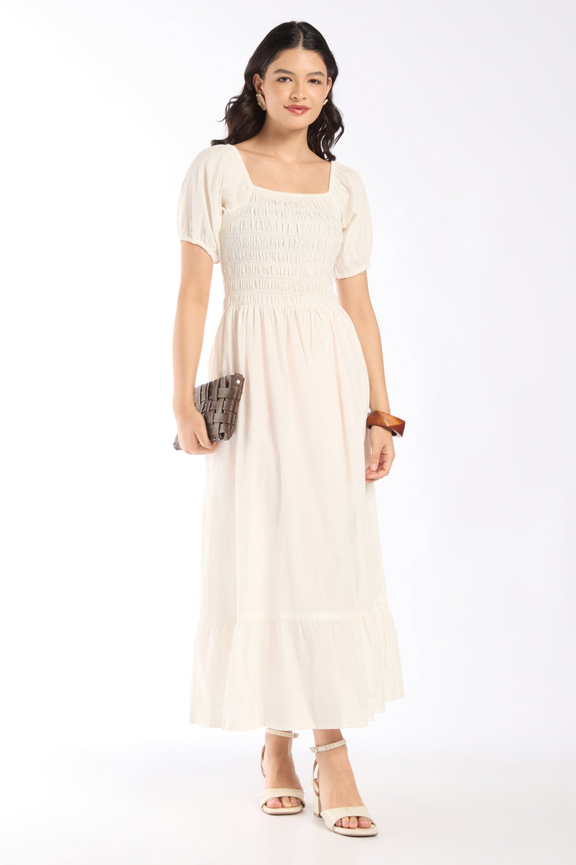 Womens Flared White Smocked Maxi Dress - Image 6