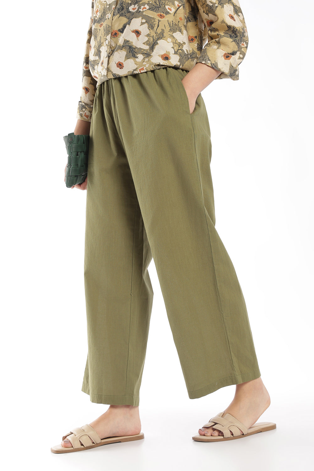 Womens Wide Leg Fit Green Solid Pant - Image 1