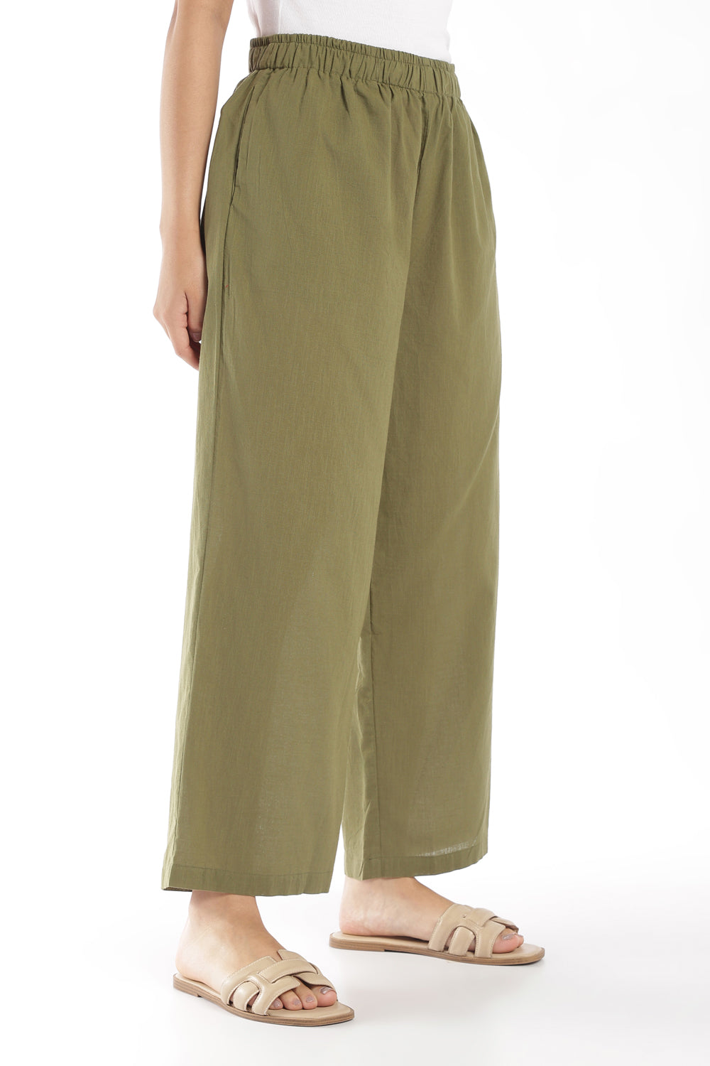 Womens Wide Leg Fit Green Solid Pant - Image 4