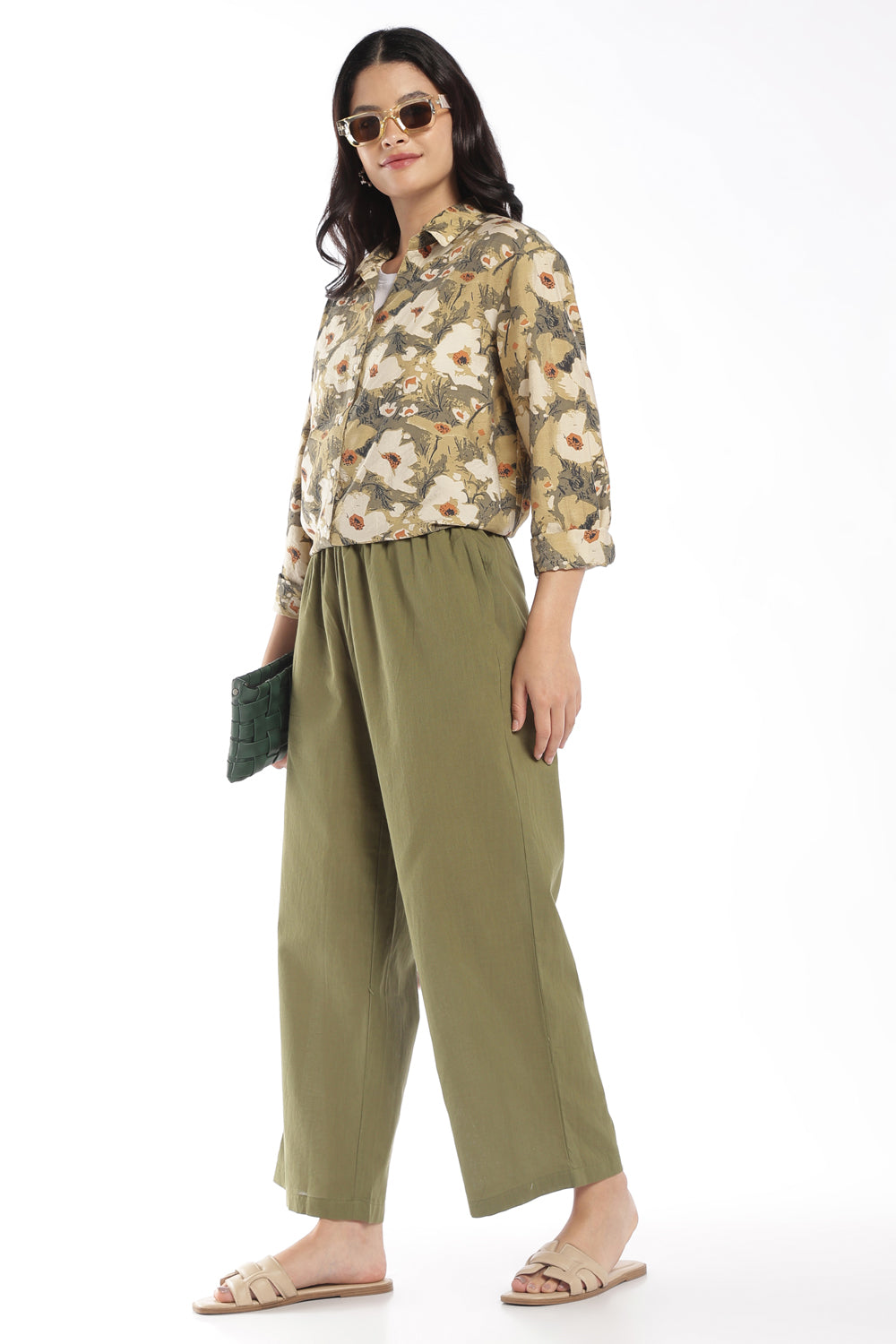 Womens Wide Leg Fit Green Solid Pant - Image 6