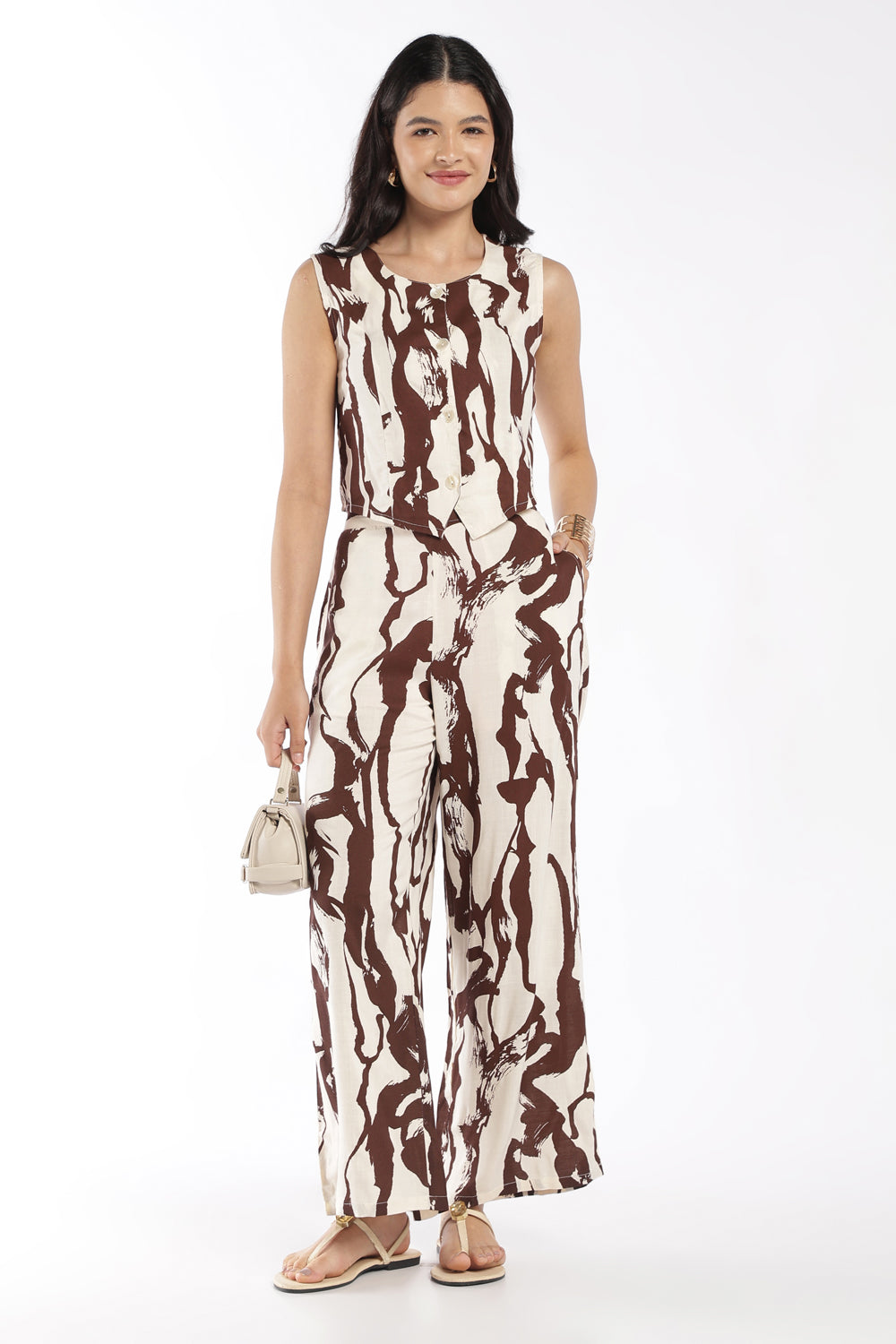 Womens Regular Fit Brown Abstract Co-ord Set - Image 1