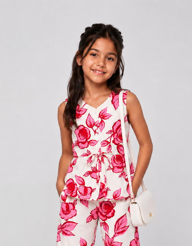 Tweens Girl Regular Fit Off White Floral Co-ord Set - Image 1