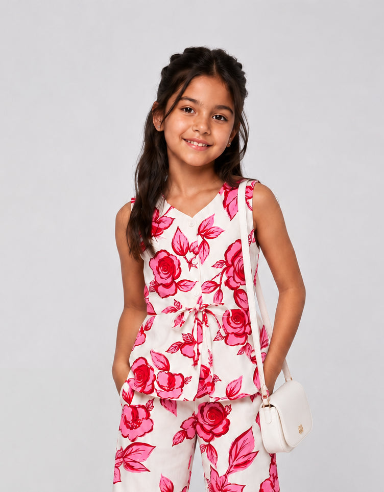 Tweens Girl Regular Fit Off White Floral Co-ord Set - Image 1