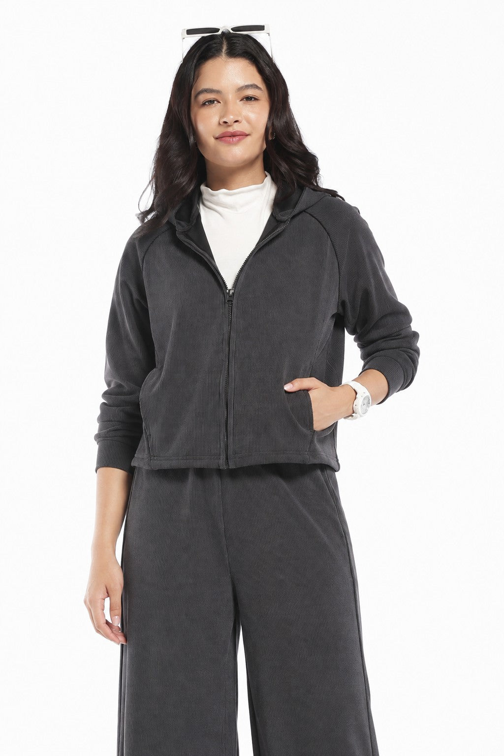 Womens Regular Fit Grey Ribbed Hooded Zip Jacket - Image 1