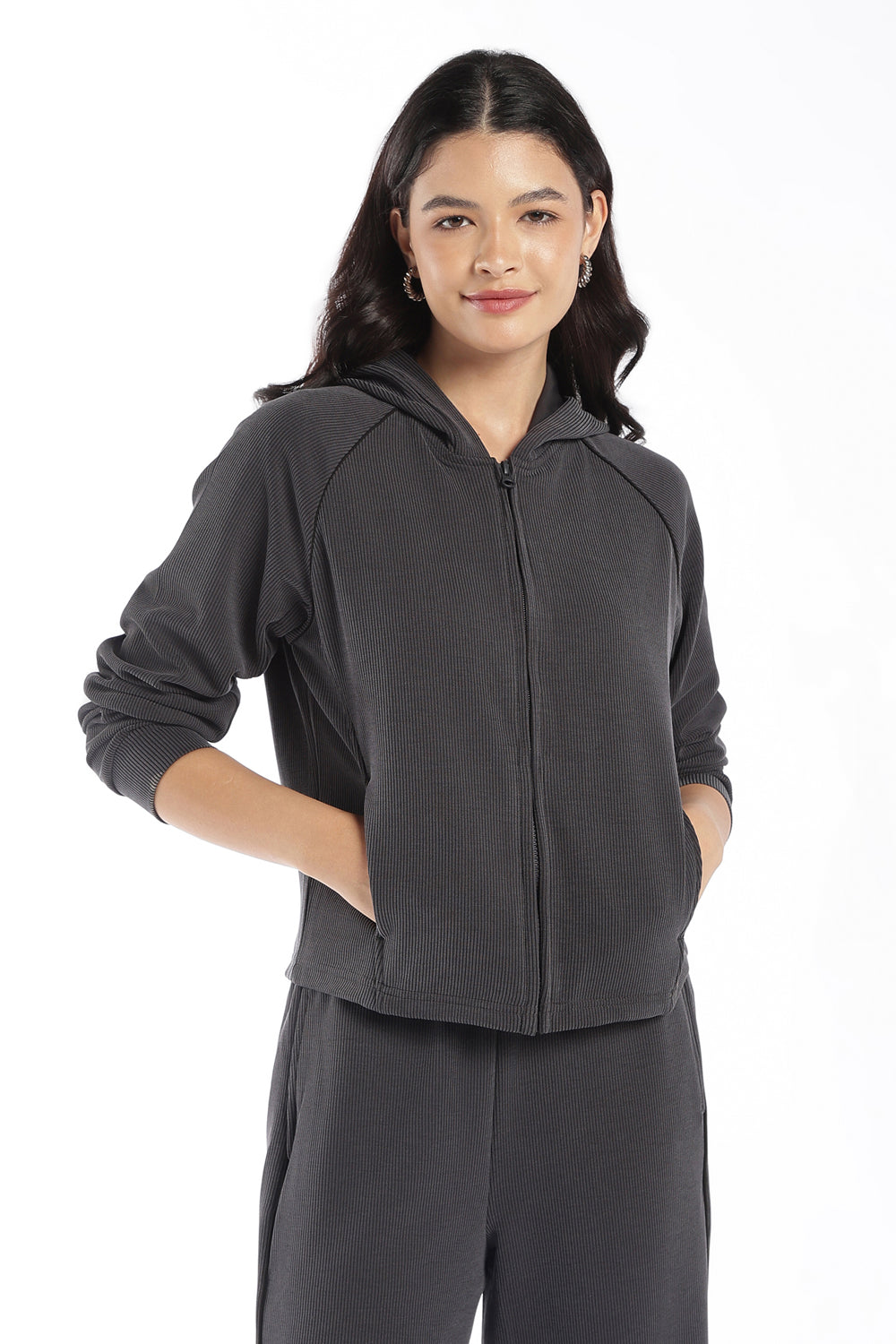 Womens Regular Fit Grey Ribbed Hooded Zip Jacket - Image 2