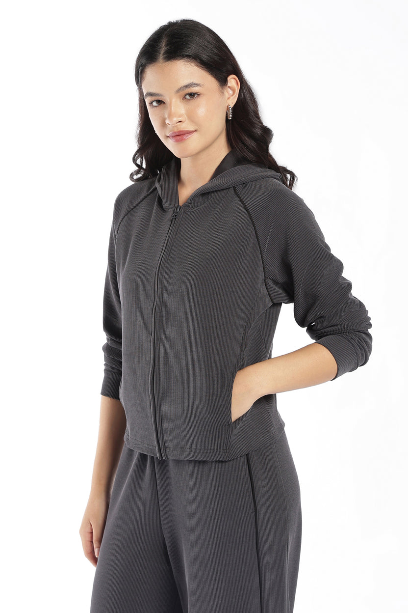 Womens Regular Fit Grey Ribbed Hooded Zip Jacket - Image 4