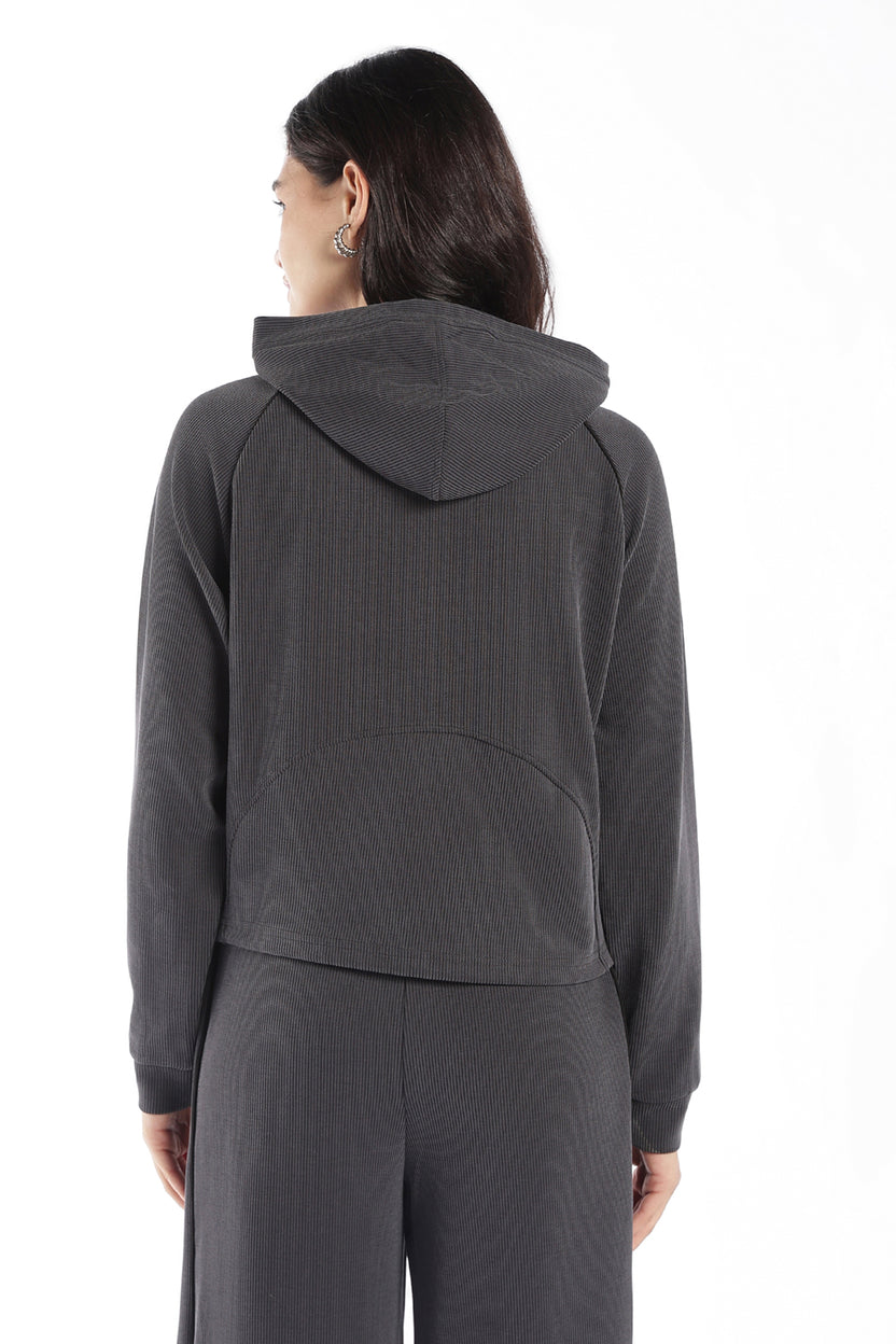 Womens Regular Fit Grey Ribbed Hooded Zip Jacket - Image 5