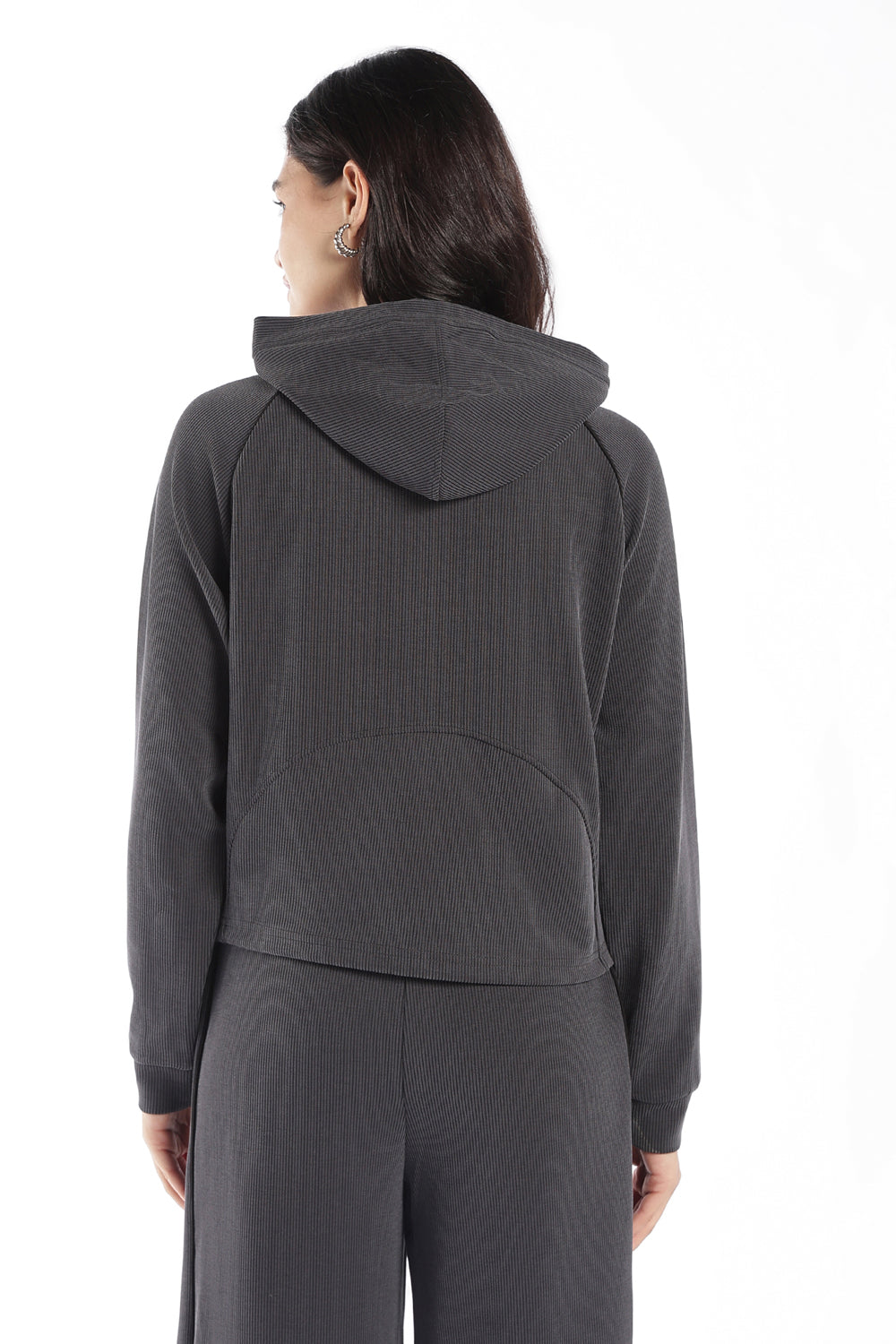 Womens Regular Fit Grey Ribbed Hooded Zip Jacket - Image 5