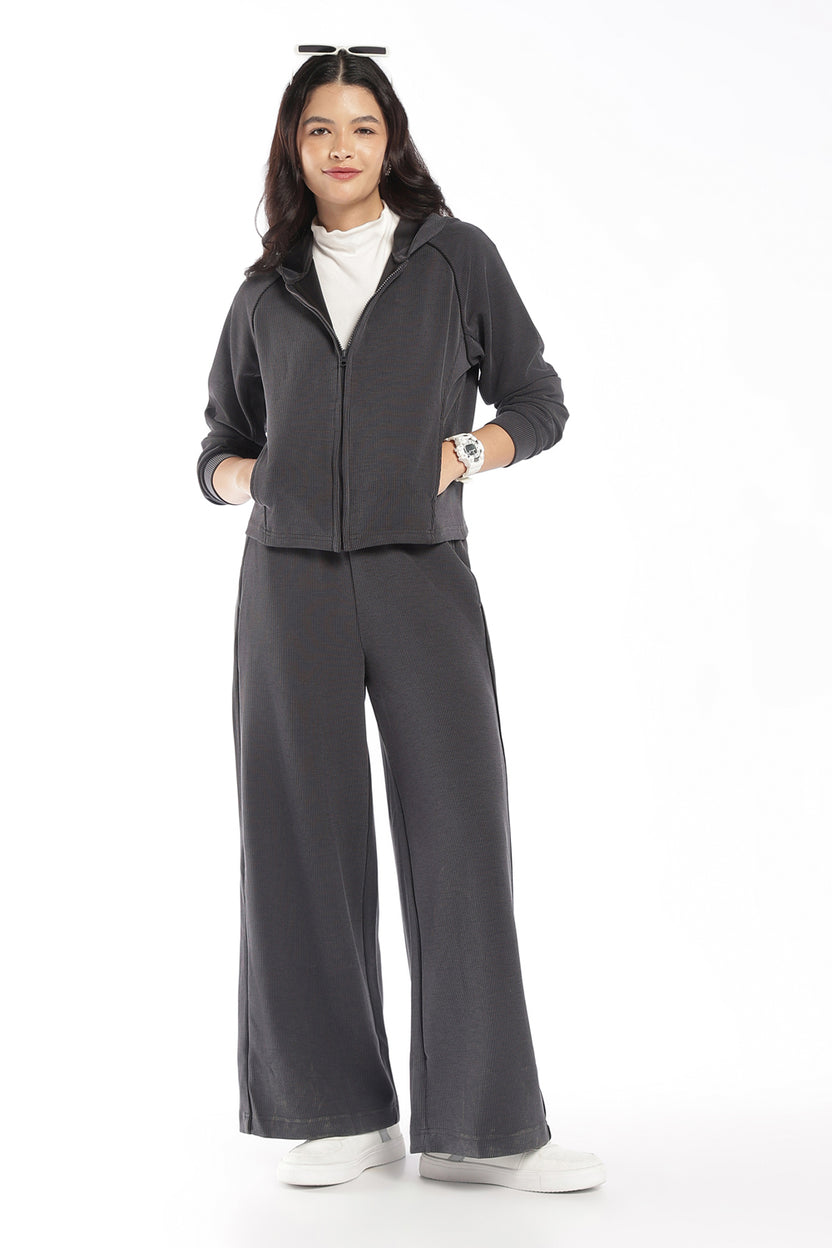 Womens Regular Fit Grey Ribbed Hooded Zip Jacket - Image 6