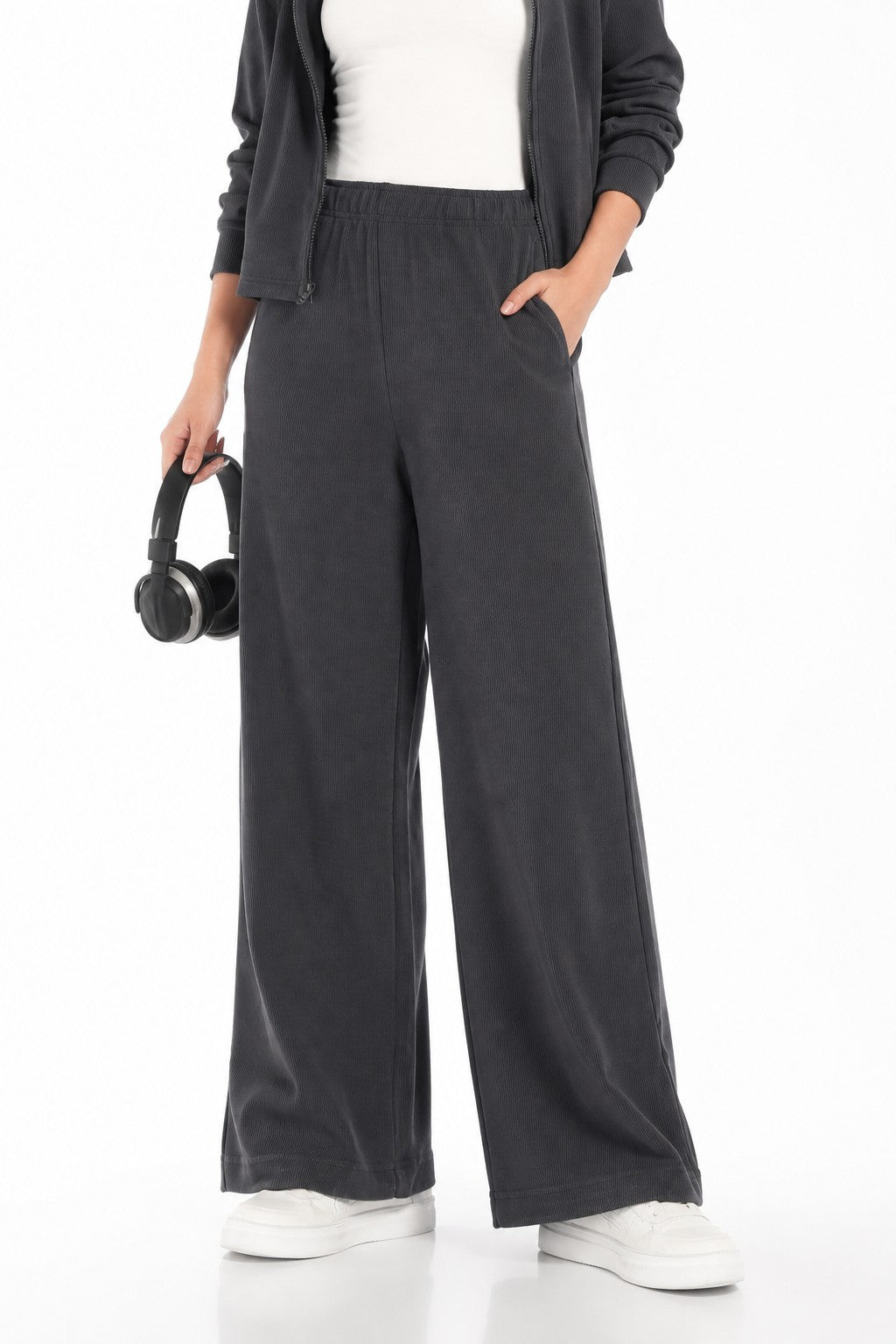 Womens Regular Fit Grey Ribbed Track Pant - Image 1