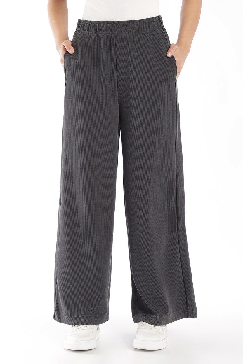 Womens Regular Fit Grey Ribbed Track Pant - Image 2