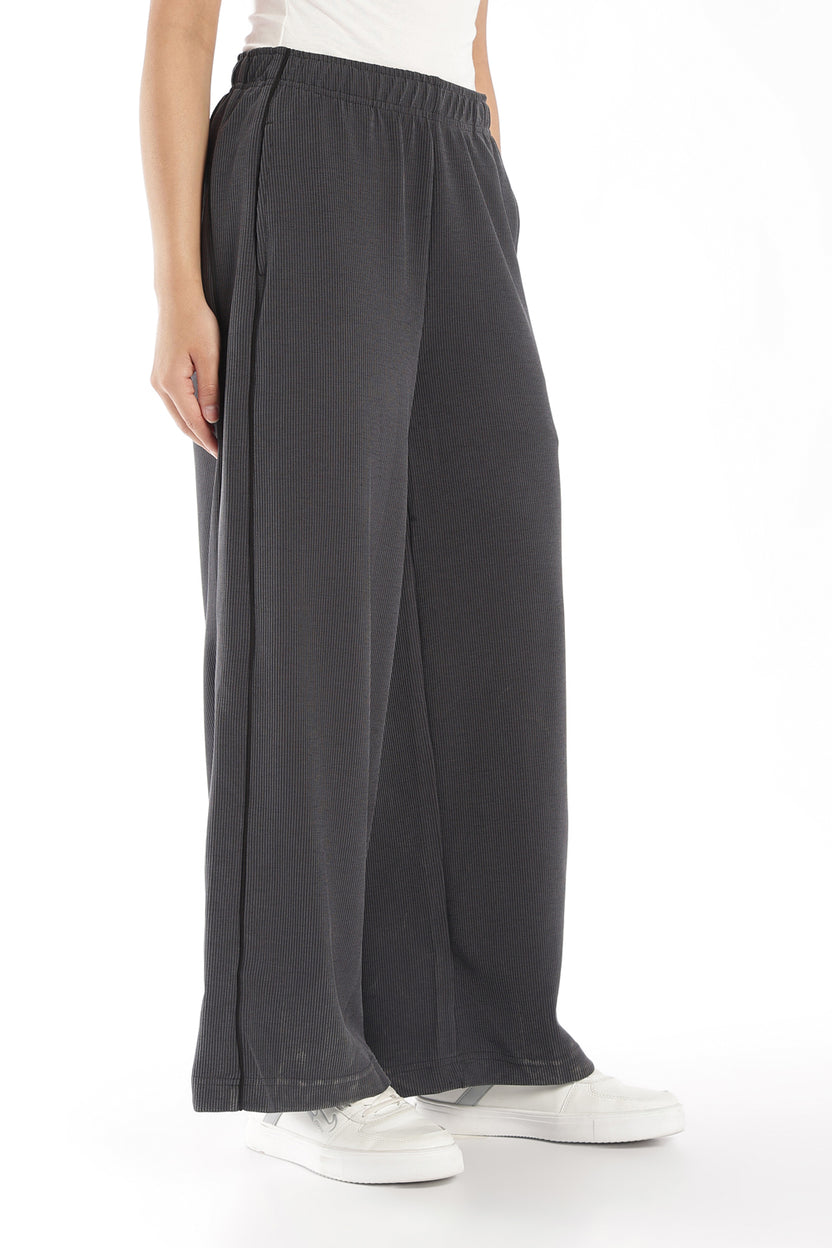 Womens Regular Fit Grey Ribbed Track Pant - Image 4