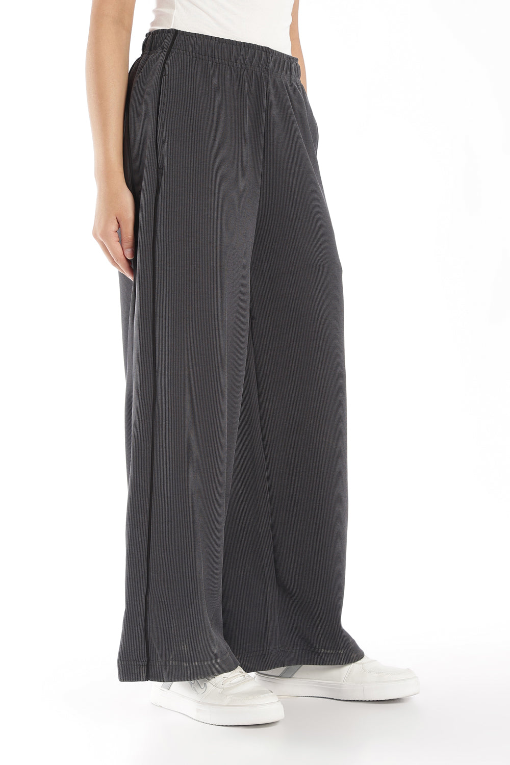 Womens Regular Fit Grey Ribbed Track Pant - Image 4