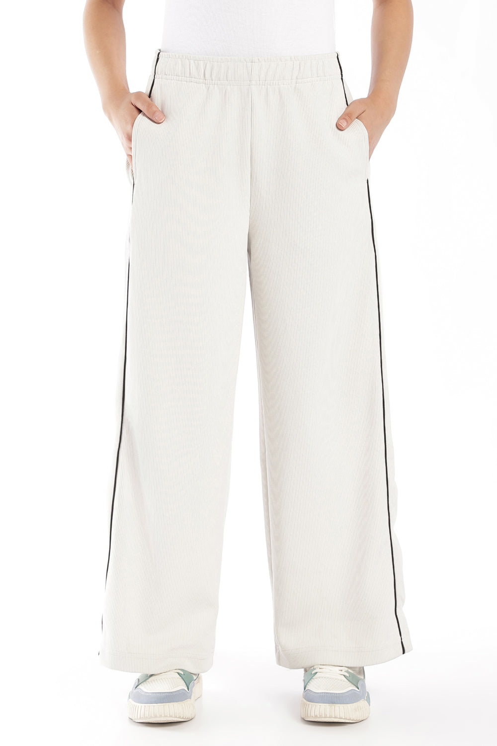 Womens Regular Fit Off White Ribbed Track Pant - Image 2