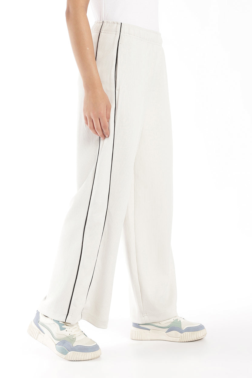 Womens Regular Fit Off White Ribbed Track Pant - Image 4