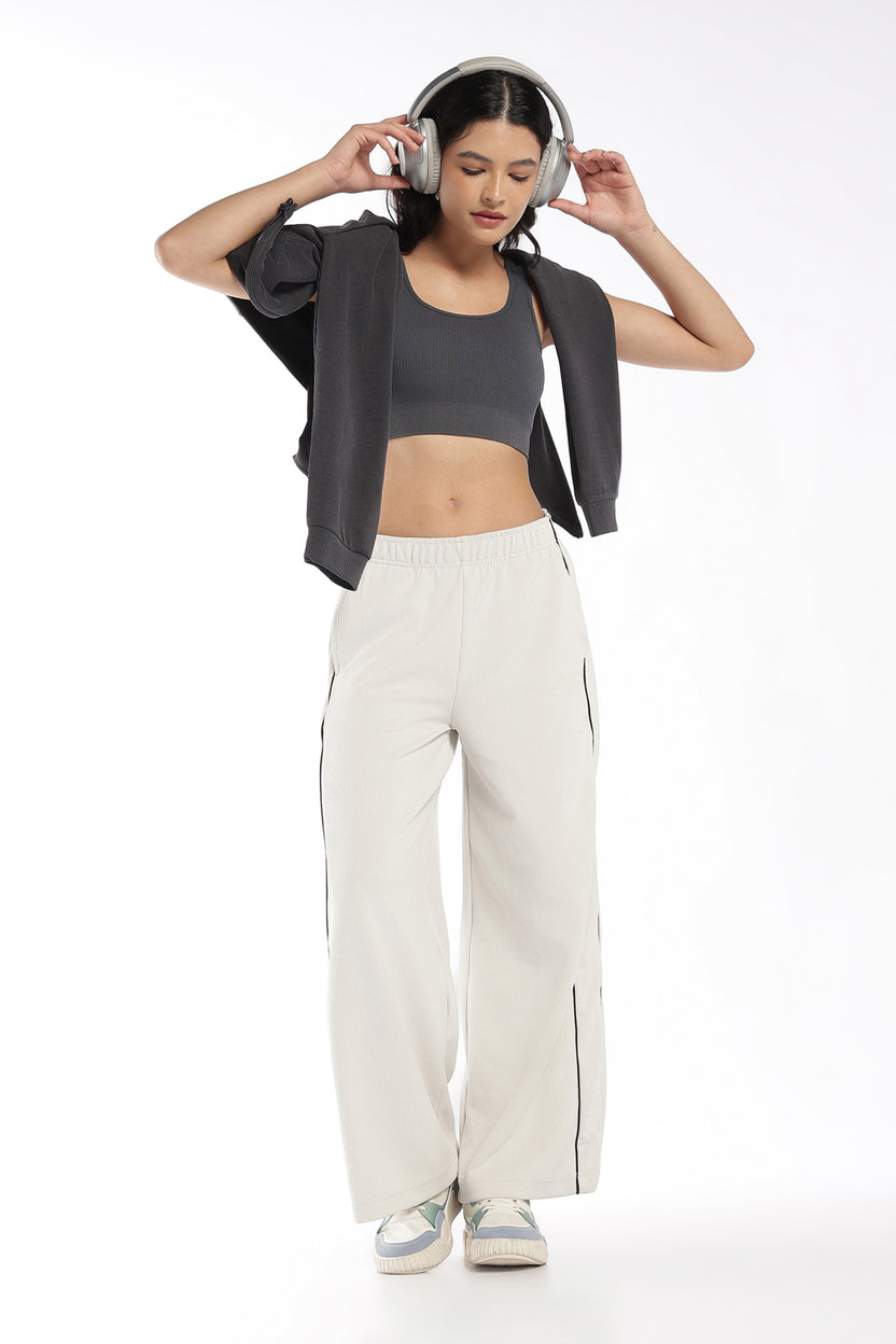 Womens Regular Fit Off White Ribbed Track Pant - Image 6