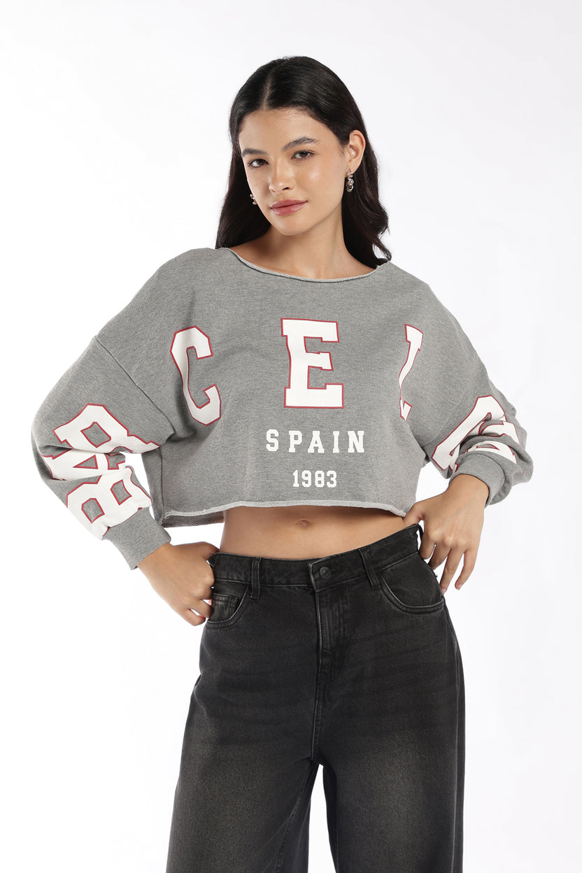 Womens Grey Drop Shoulder Sleeves Crop Top - Image 2