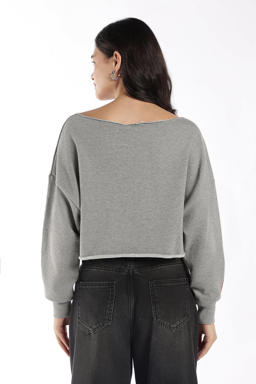 Womens Grey Drop Shoulder Sleeves Crop Top - Image 5