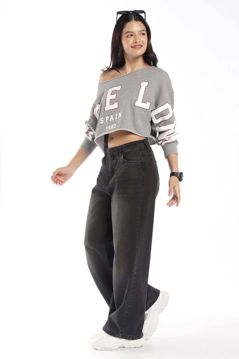 Womens Grey Drop Shoulder Sleeves Crop Top - Image 6