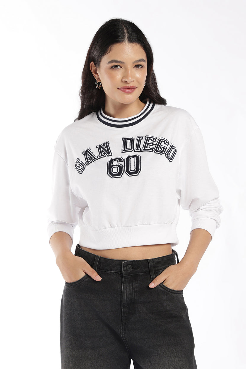 Womens White Graphic Crop Sweatshirt - Image 2