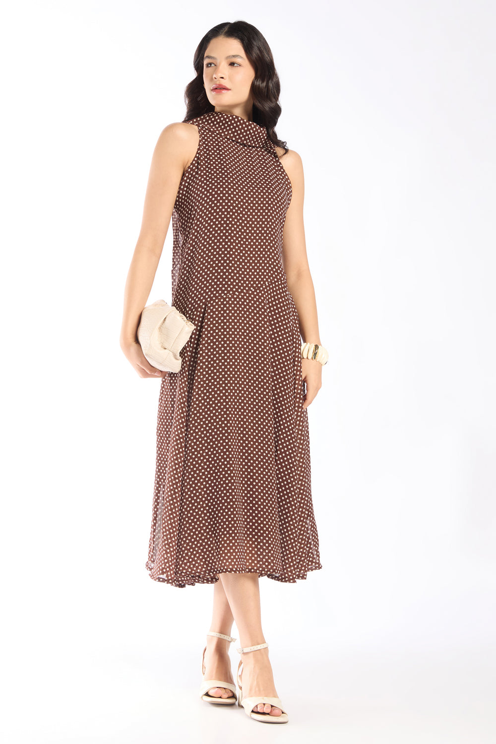 Womens Regular Fit Brown Polka Dot Dress - Image 1