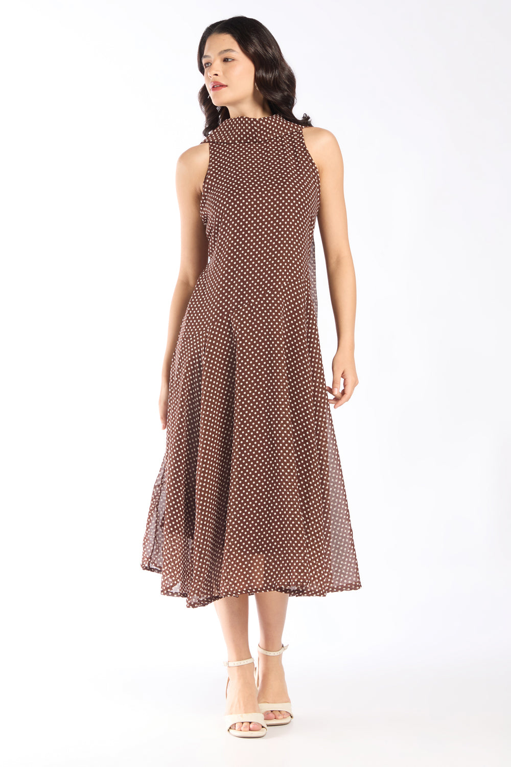Womens Regular Fit Brown Polka Dot Dress - Image 2
