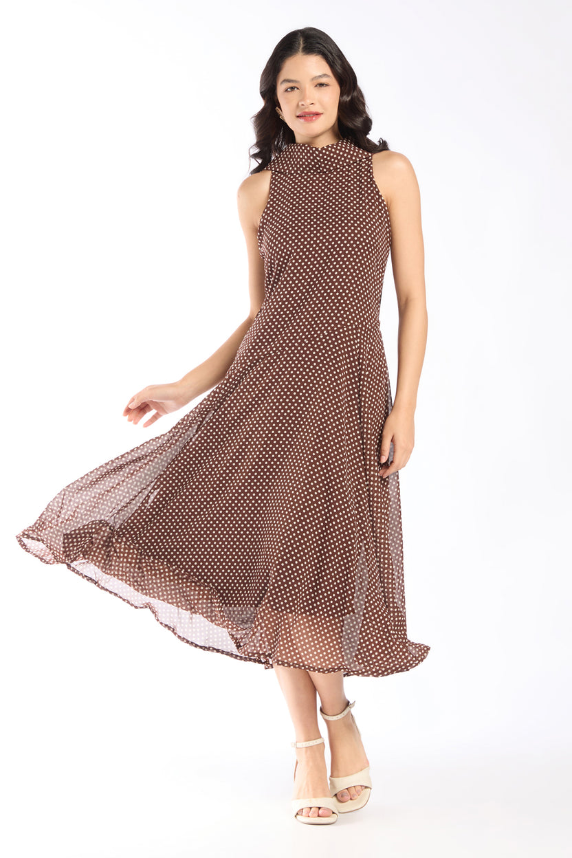 Womens Regular Fit Brown Polka Dot Dress - Image 6