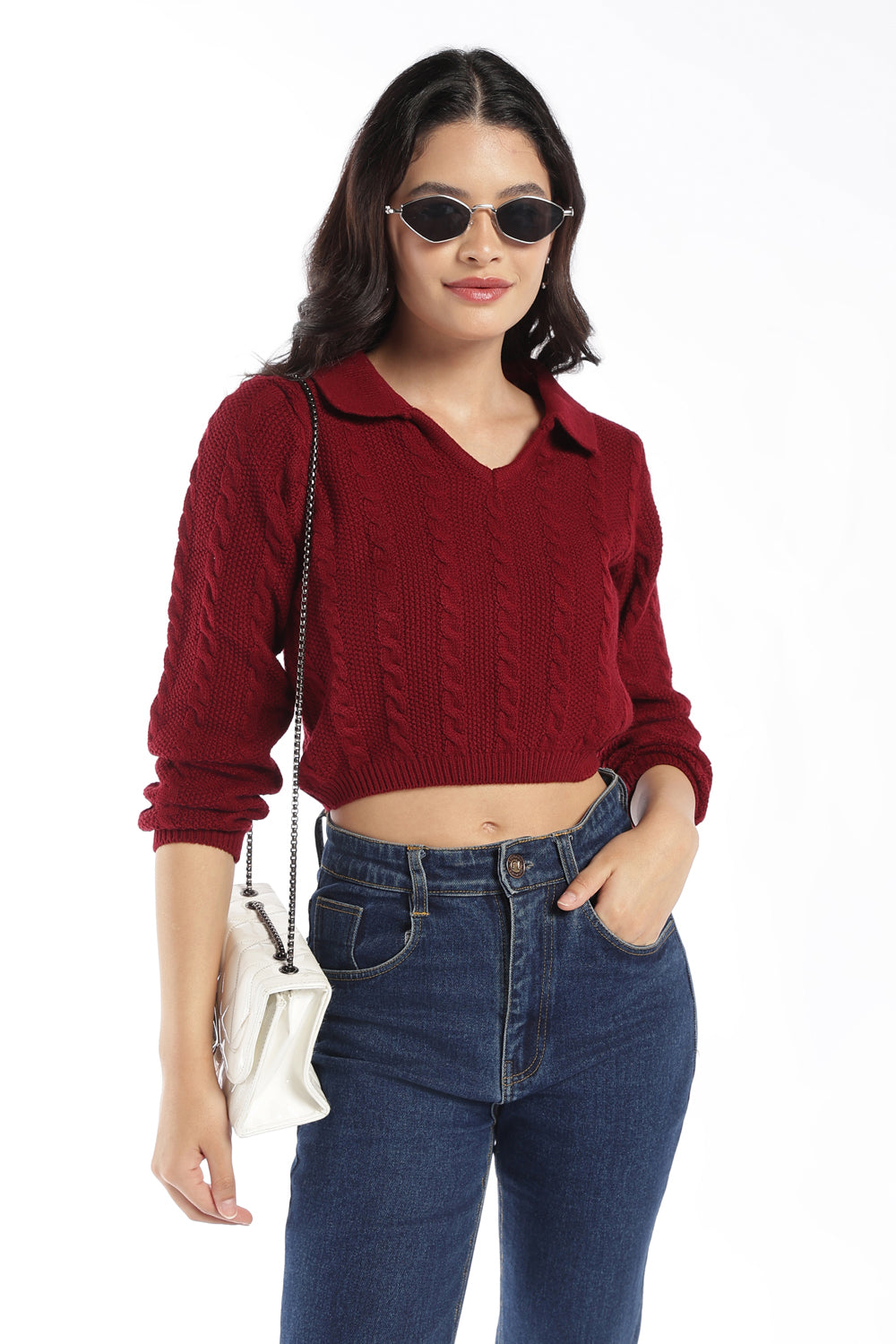 Womens Maroon Knit Collar Crop Sweater - Image 1