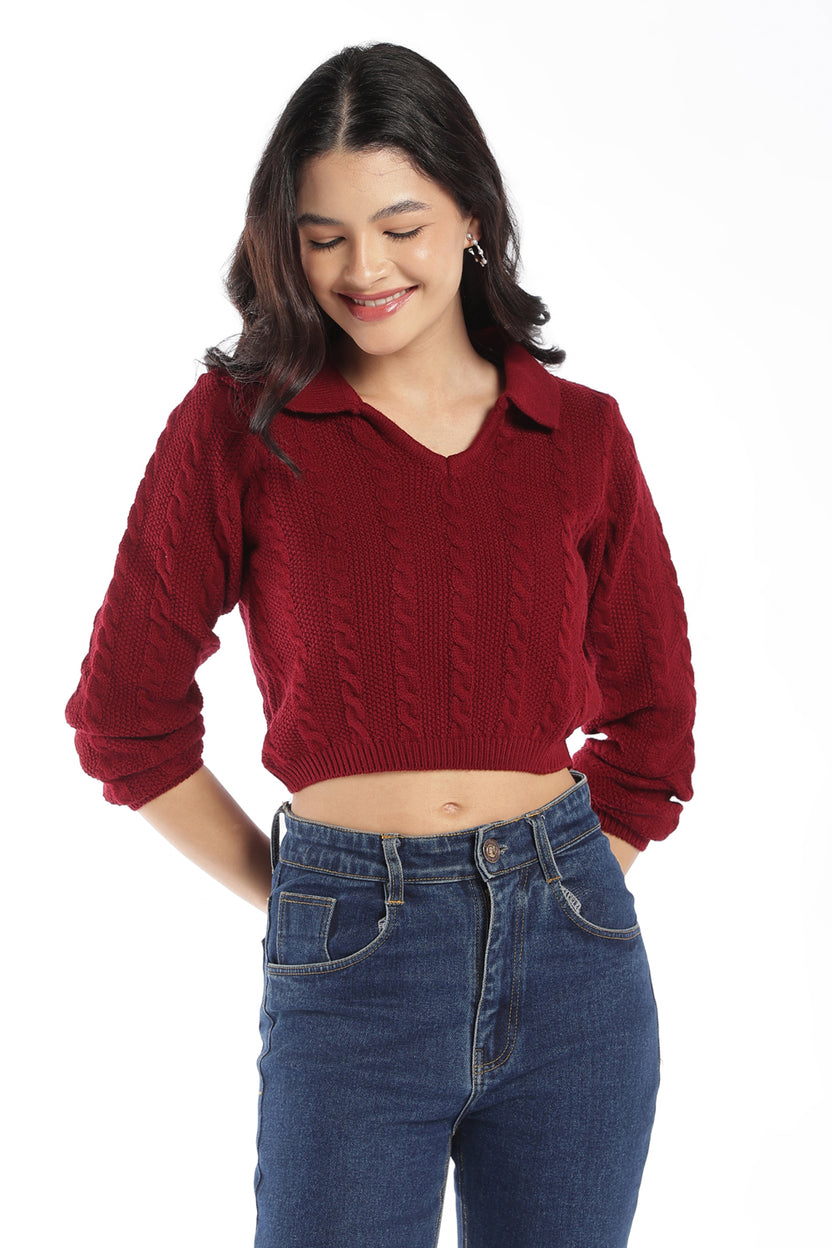 Womens Maroon Knit Collar Crop Sweater - Image 2