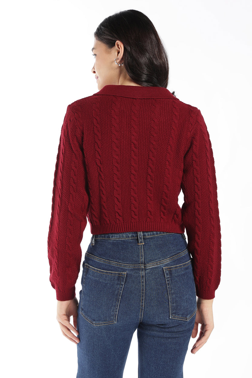 Womens Maroon Knit Collar Crop Sweater - Image 5