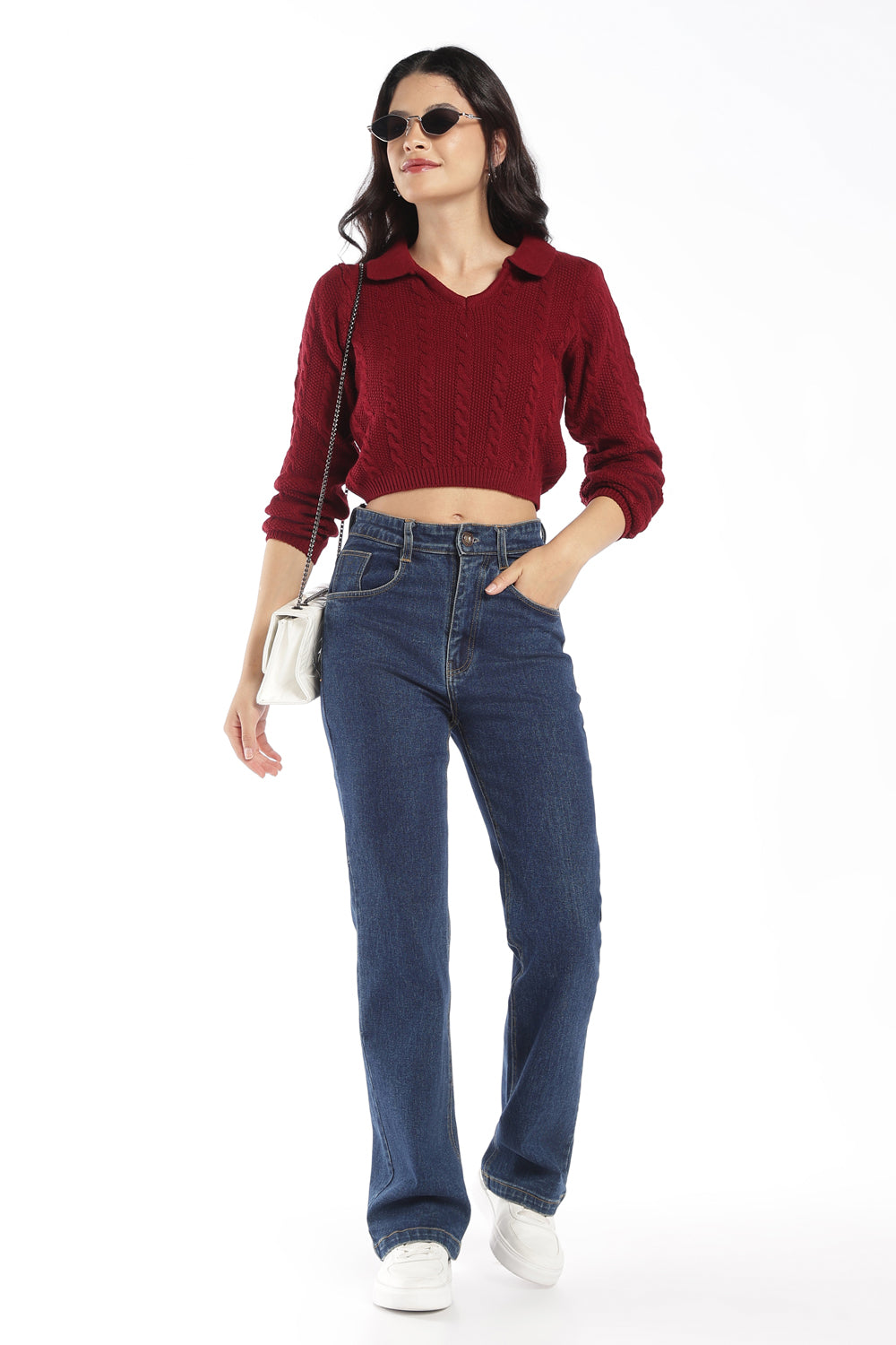 Womens Maroon Knit Collar Crop Sweater - Image 6