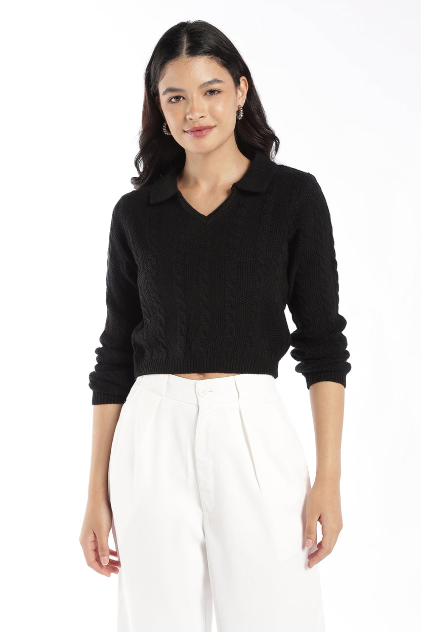 Womens Black Knit Collar Crop Sweater - Image 2