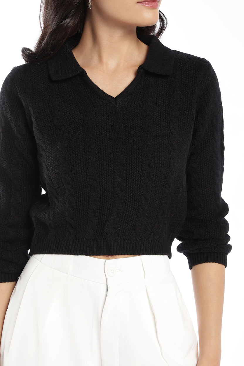Womens Black Knit Collar Crop Sweater - Image 3