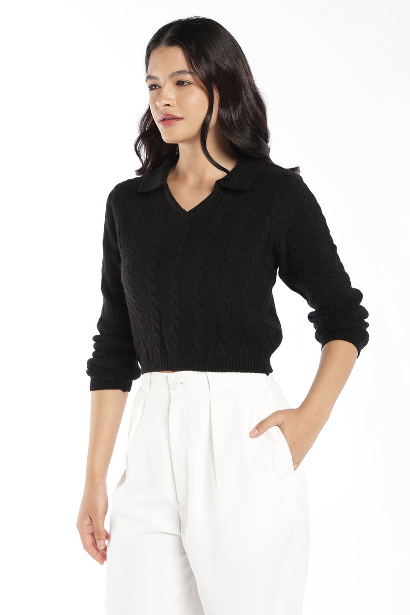 Womens Black Knit Collar Crop Sweater - Image 4
