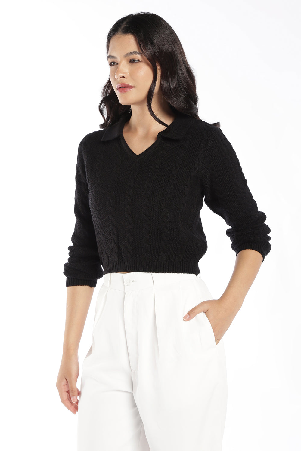 Womens Black Knit Collar Crop Sweater - Image 4