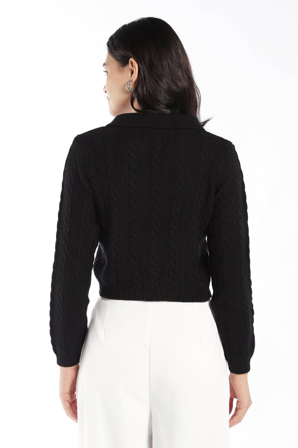 Womens Black Knit Collar Crop Sweater - Image 5