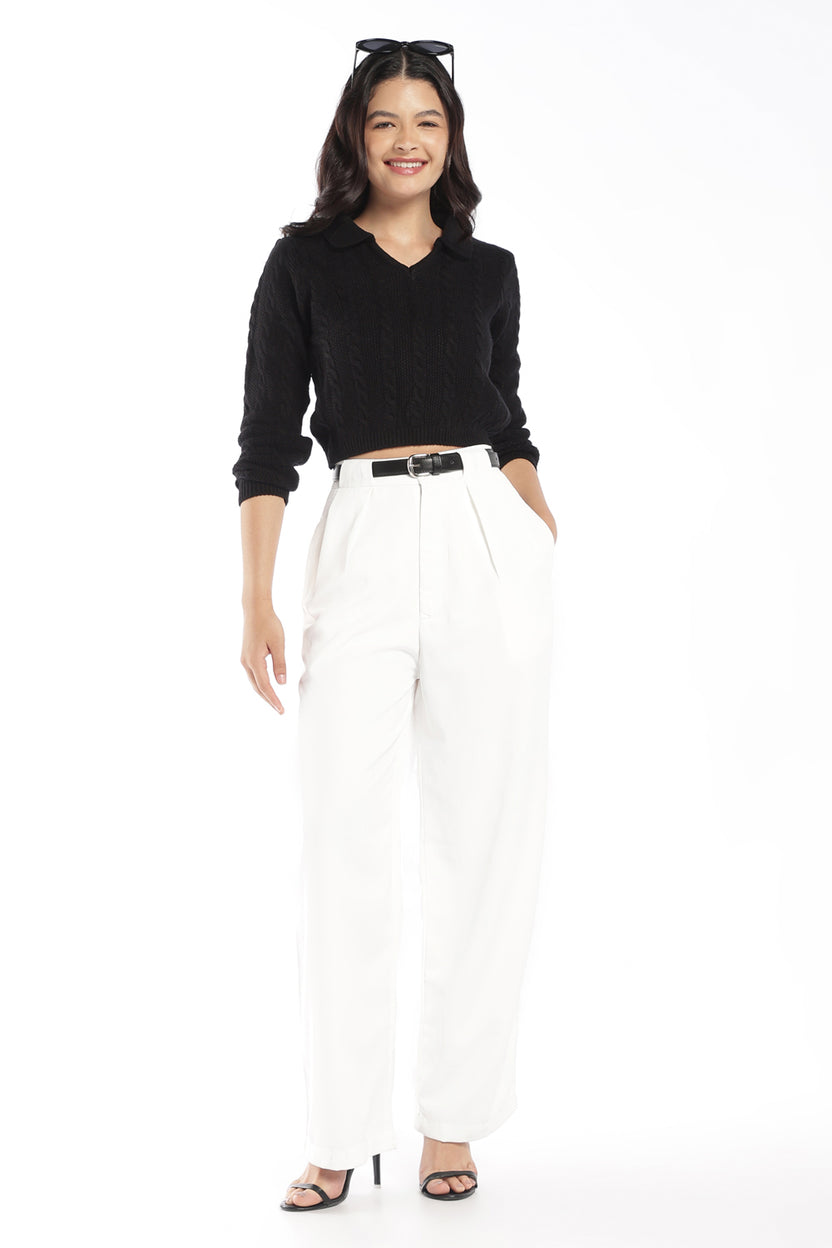 Womens Black Knit Collar Crop Sweater - Image 6