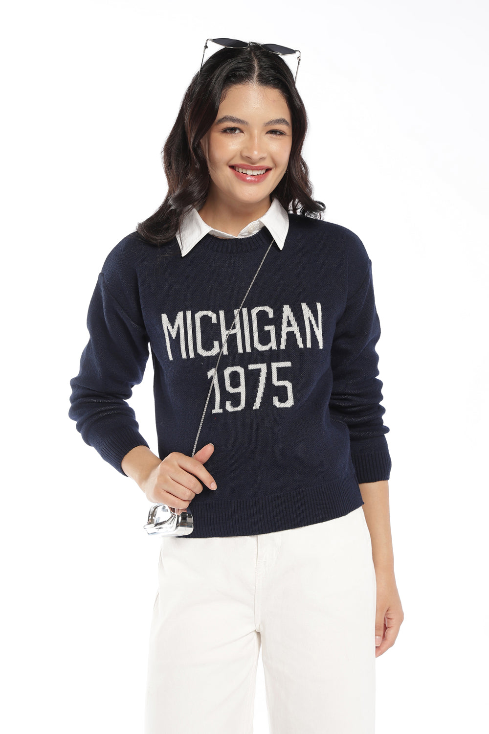 Womens Regular Fit Navy Graphic Knit Sweater - Image 1