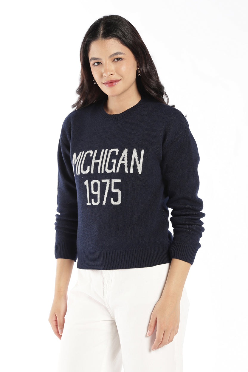 Womens Regular Fit Navy Graphic Knit Sweater - Image 4