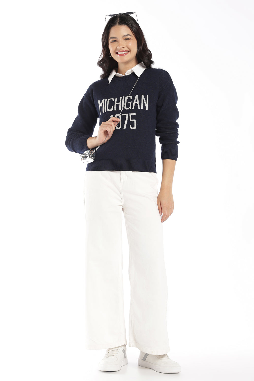 Womens Regular Fit Navy Graphic Knit Sweater - Image 6