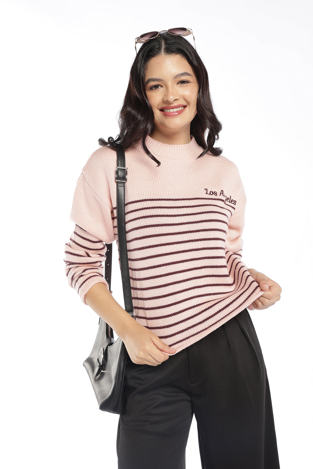 Womens Regular Fit Pink Striped Sweater - Image 1