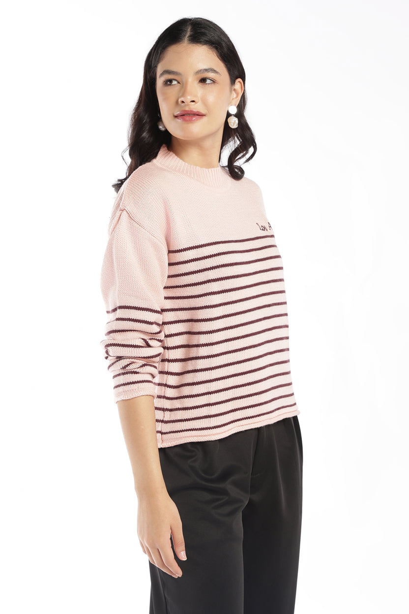 Womens Regular Fit Pink Striped Sweater - Image 4