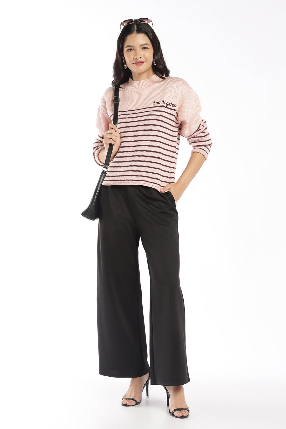 Womens Regular Fit Pink Striped Sweater - Image 6