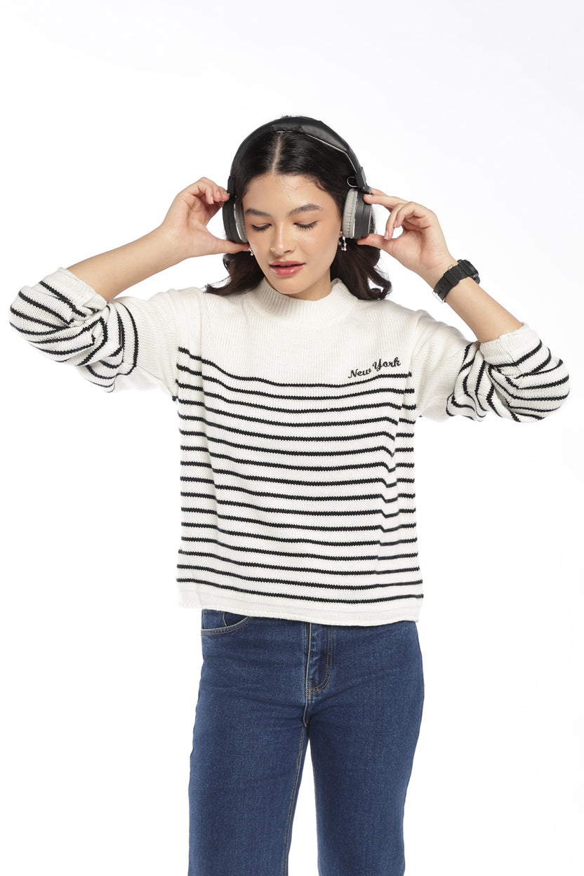 Womens Regular Fit White Striped Sweater - Image 1
