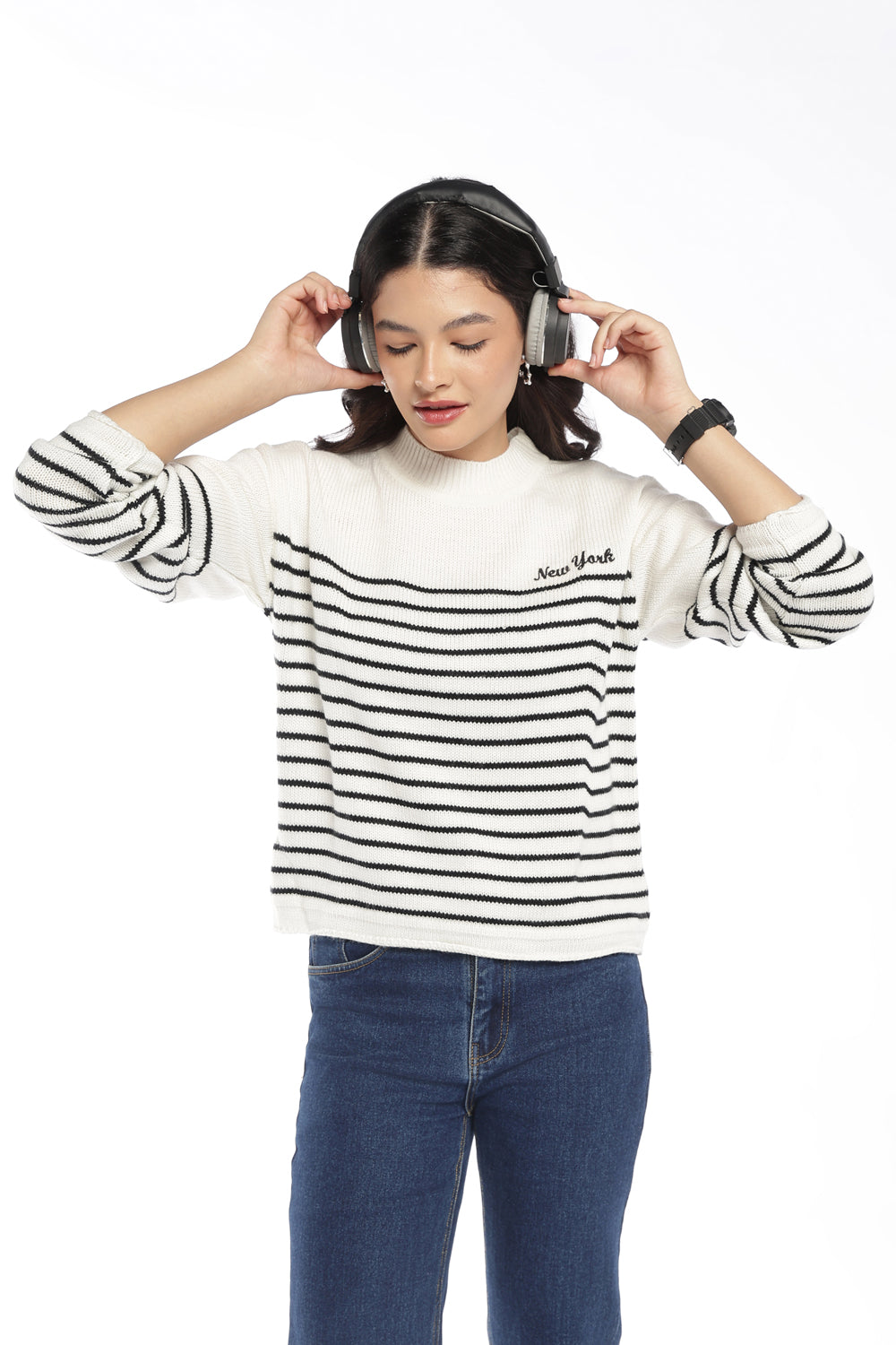Womens Regular Fit White Striped Sweater - Image 1