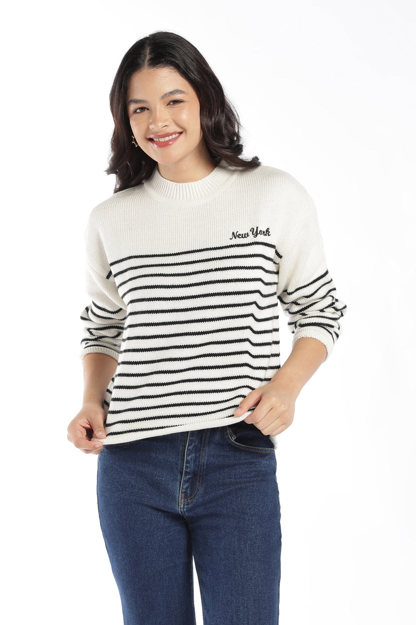 Womens Regular Fit White Striped Sweater - Image 2