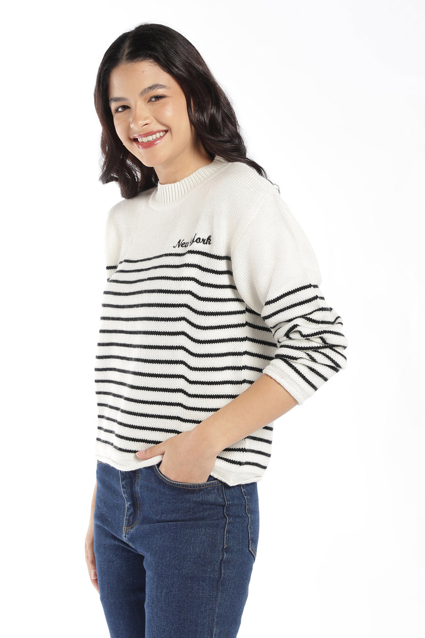 Womens Regular Fit White Striped Sweater - Image 4